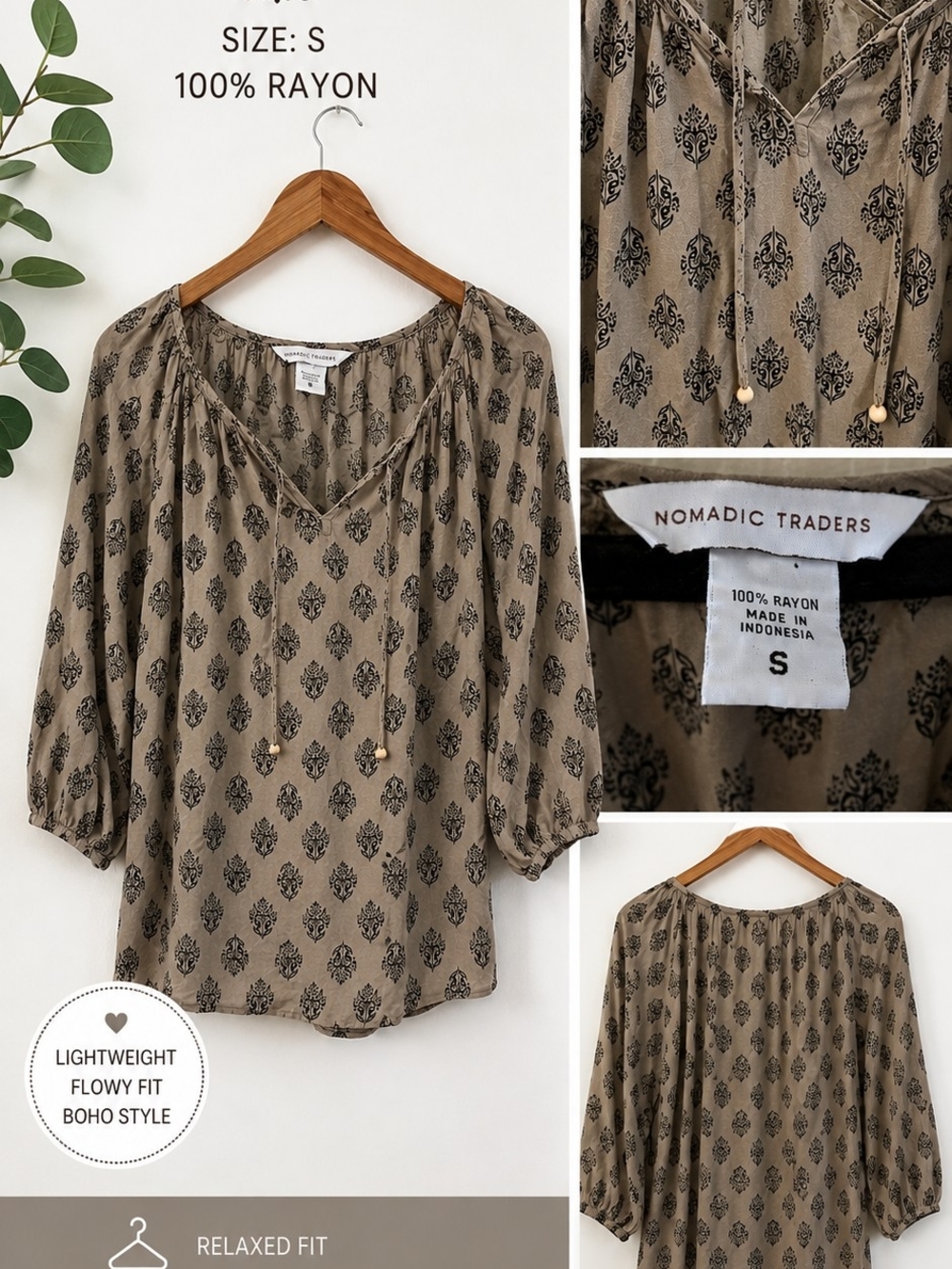 Nomadic Traders Tan Olive Printed Boho Peasant Blouse